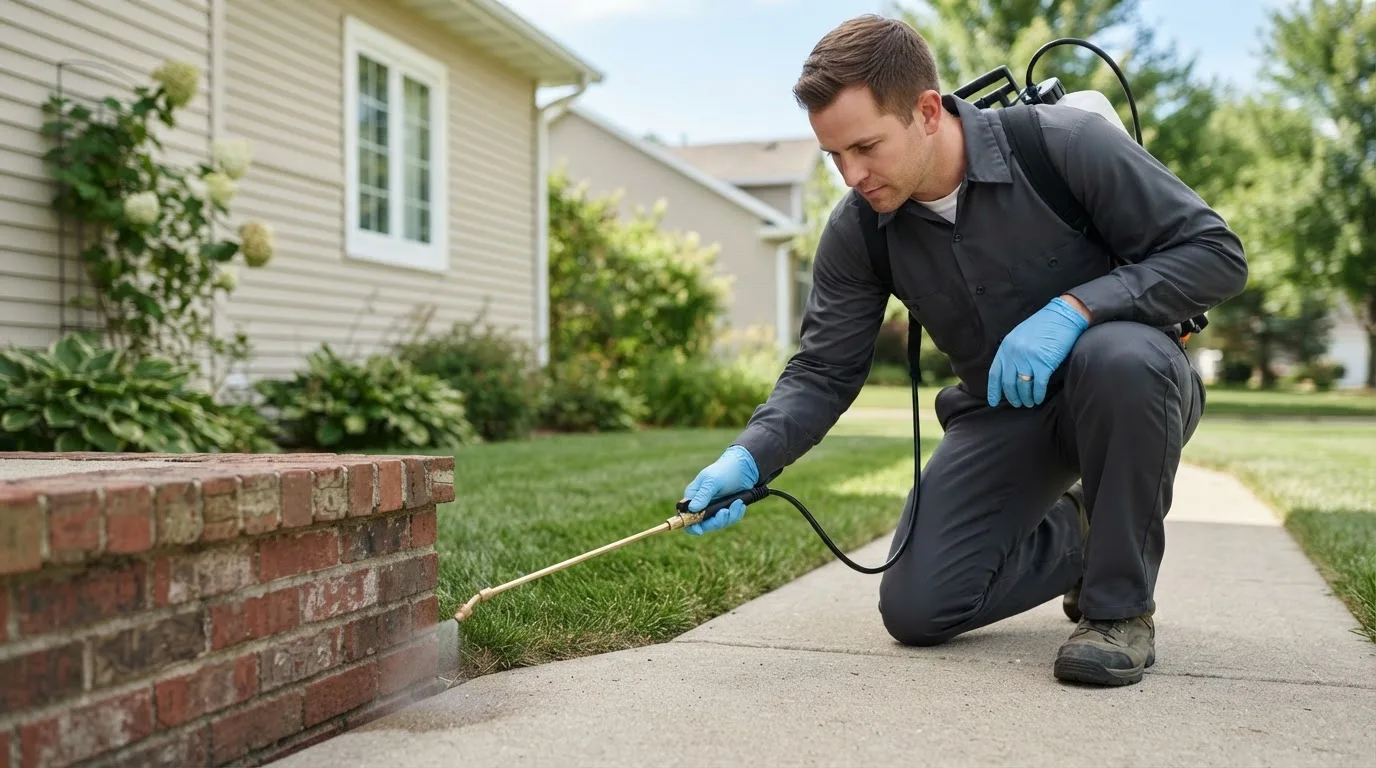 Pest control technician treating a home near Okmulgee, OK