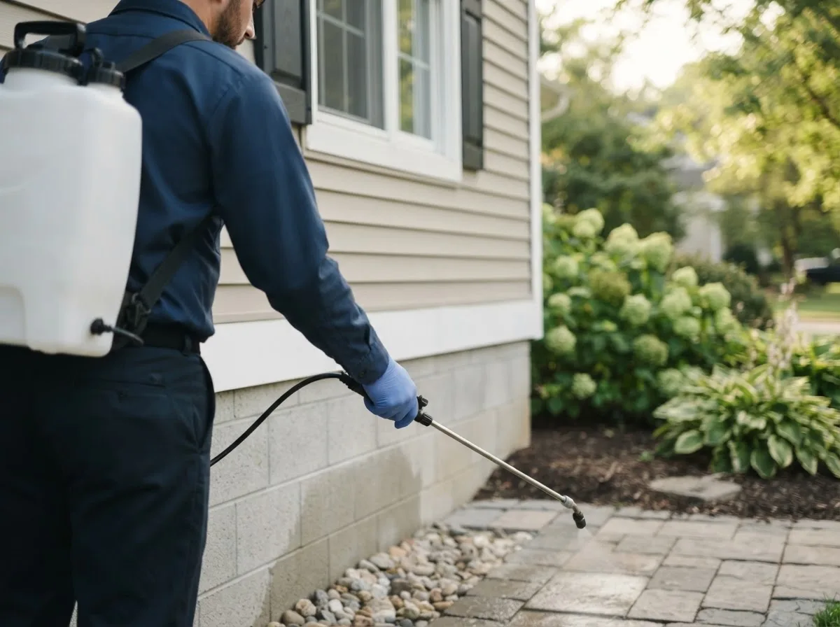 Pest control technician inspecting a home in Okmulgee, OK